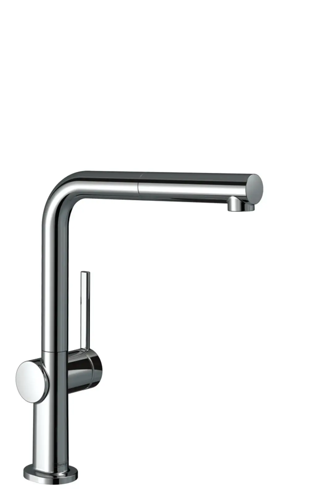 Küchenmischer mit ausziehbarem Auslauf, Chrom-Oberfläche und Hebelsteuerung. Hansgrohe-Design für Niederdruck- und offene Warmwasserbereiter.